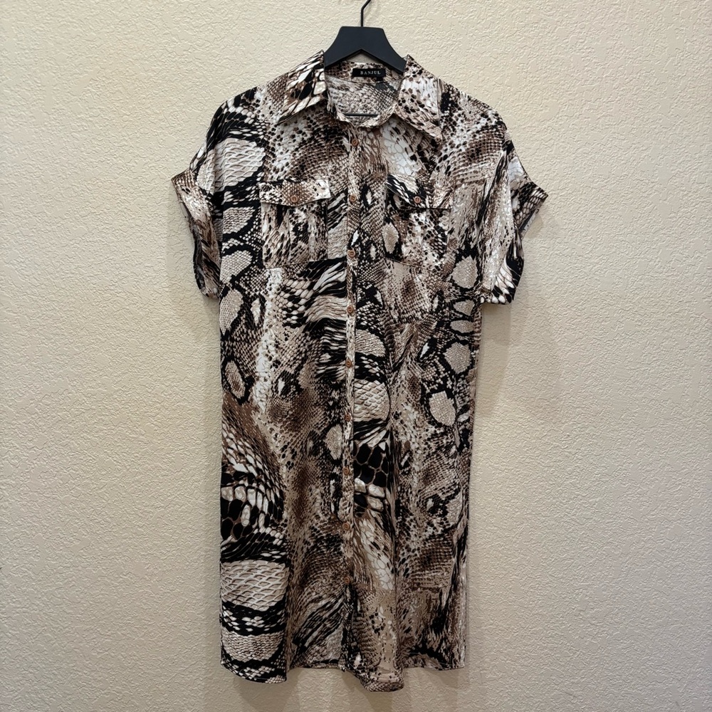 Banjul Snake Print Short Sleeve Button Front Shirt Dress Size Small